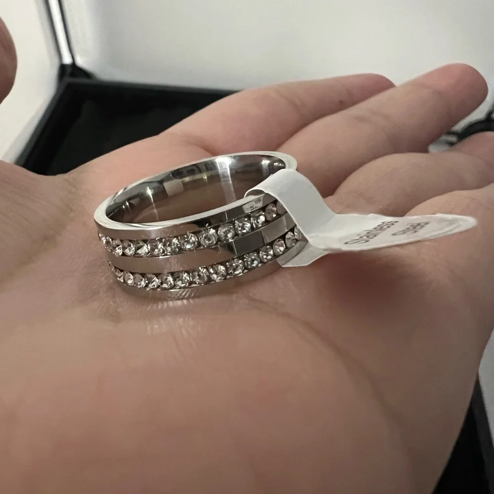 Men's Crystal Cubic Zirconia Double Row Stainless Steel Ring Size 10 New